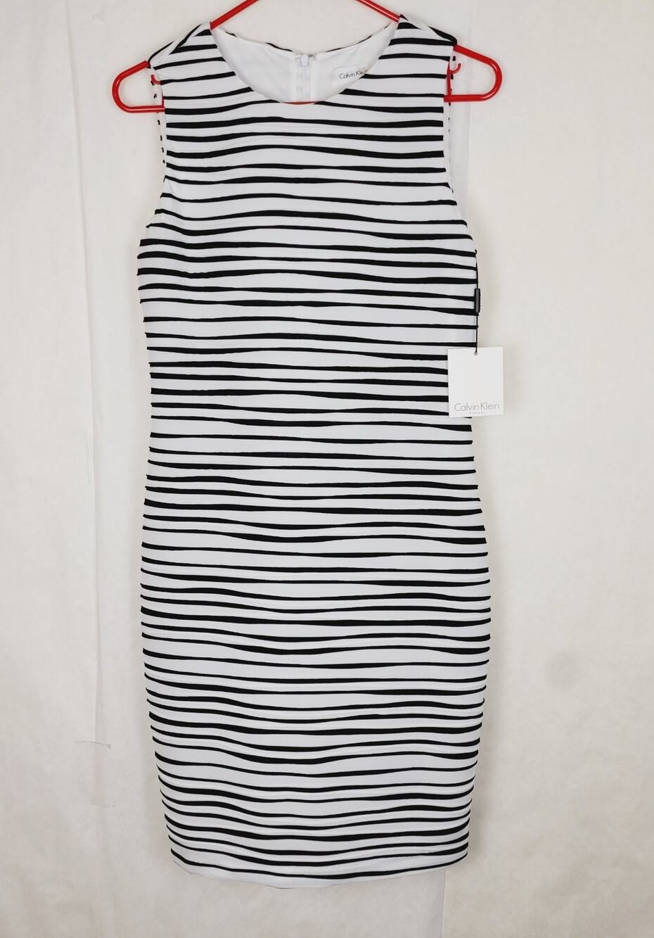 New Calvin Klein black and white striped bandage sheath dress Size 8 Career Y2K